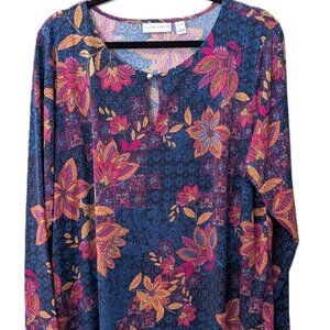 Susan Graver Women's Floral Knit Blouse with Keyhole Neckline – Size XLP